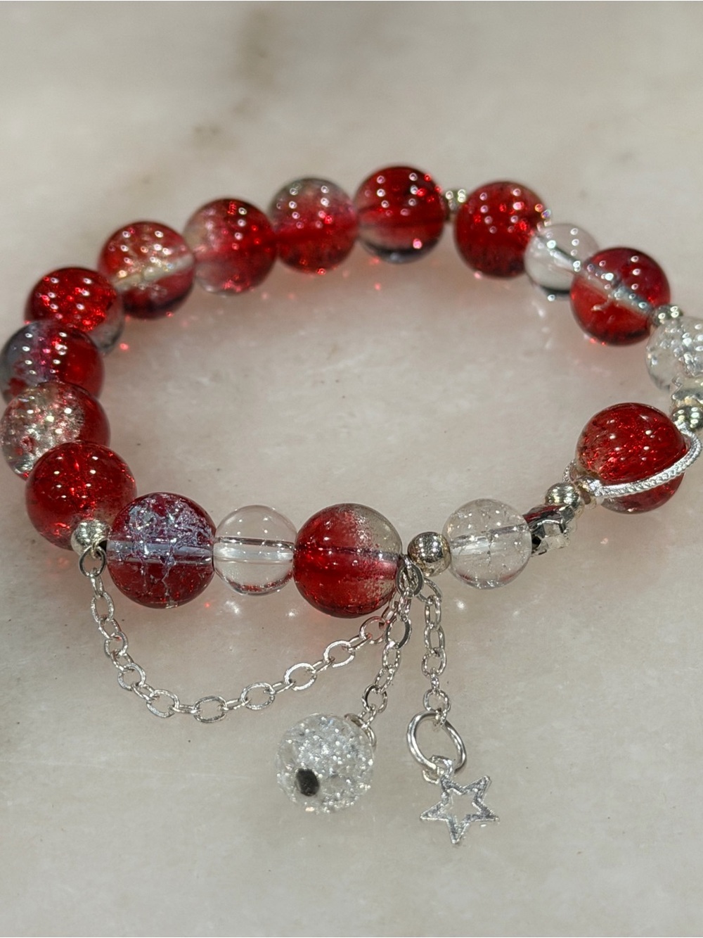 Red Beaded Stretch Bracelet with Star Charm Handmade Stretch Jewelry